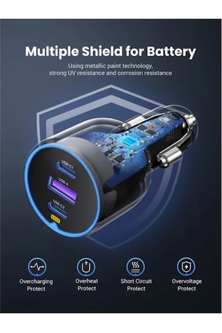 Ugreen 75w 3 Portlu Araç İçi Şarj Cihazı Çakmaklık Adaptörü, 35024