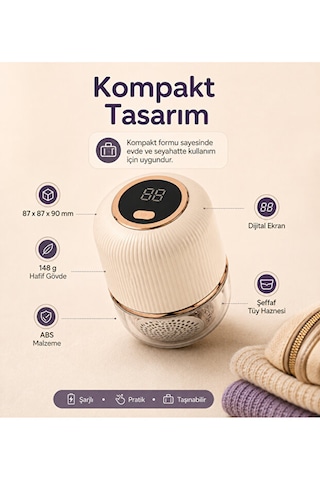 Şarjlı Tüy Toplama Makinesi 6 Bıçaklı Dijital Ekranlı Type-c 500 Mah Kıyafet Kaz Bej