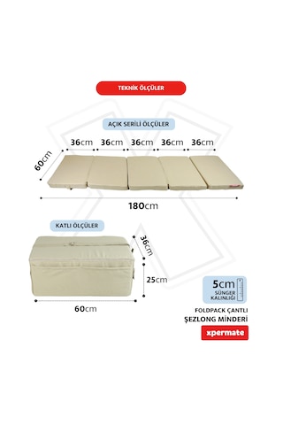 Xpermate Katlanır Şezlong Minderi Çantalı Cepli Foldpack 30x60x25