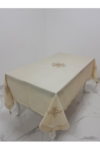 Finezza Karmen Nakışlı Keten Kumaş Bej Masa Örtüsü 160x220 Cm - 9