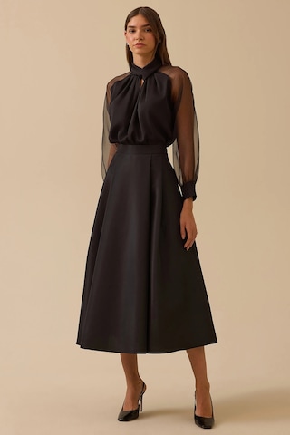 Seçil Kadın Tafta Kumaş Yüksek Bel Şık Kloş Etek 8001 Siyah Siyah