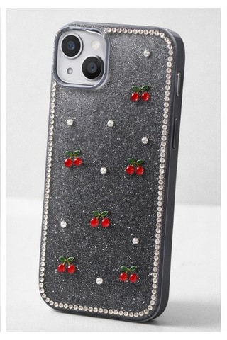 Apple Uyumlu iPhone 13-14 Kiraz Figürlü Simli İnci Taşlı Lüx Silikon Kılıf Siyah