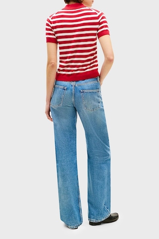 Tommy Hilfiger Çizgili İpek Karışımlı Kısa Kollu Düğmeli Polo Yaka Kazak Bayan Polo Yaka Kazak Ww0ww48503 04w Kırmızı-beyaz