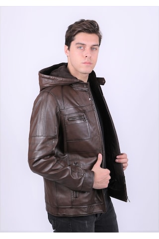 New Zaya Leather Erkek Kahverengi Kapüşonlu Deri Mont Kahverengi
