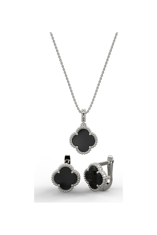 Erdobia 925 Ayar Oniks Taşlı Rodyum Yonca Kolye Küpe 2'li Gümüş Set-takım