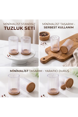 Ahşap Kapaklı 2'li Tuzluk Seti - Şeffaf Plastik Baharatlık Karabiberlik