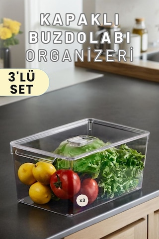 Buzdolabı Dolapiçi Düzenleyici Organizer Kapaklı 3'lü Set Maxi Şeffaf