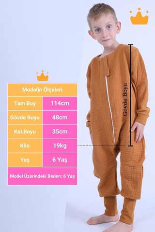 Babyhola Çocuk Mevsimlik Uyku Tulumu 2-8 Yaş 1 Tog 4 Kat Müslin Uzun Kollu Uyku Tulumu Hardal