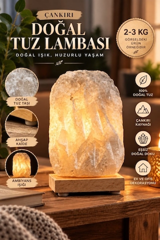 Çankırı 2-3 Kg Gri Doğal Kaya Tuzu Lambası Ahşap Kaideli Dekoratif Lamba