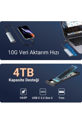 JEYI PureLine M.2 NVMe Harici SSD Kutusu - USB 3.2 Gen 2 10GBPS - 2280/2260/2242/2230 Destekli