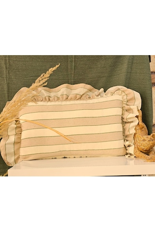 Keten Bohem Fırfırlı Vintage 2'li Dikdörtgen Kırlent Kılıfı Çizgili