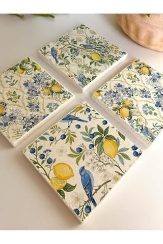 Limon Ve Kuş Desenli Doğal Taş Bardak Altlığı 4 Lü Set, Yazlık Sunum Ürünü 1