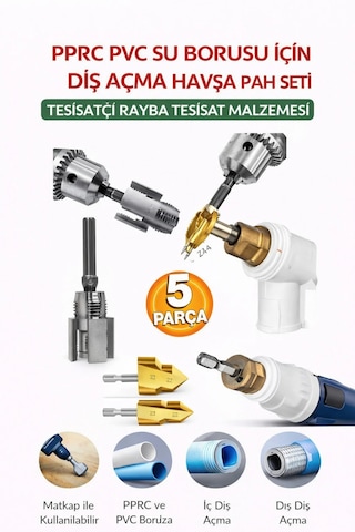Pprc Pvc Su Borusu Diş Açma Seti 5 Parça Havşa Pah Açma Aparatı Tesisatçı Kılavuz Seti