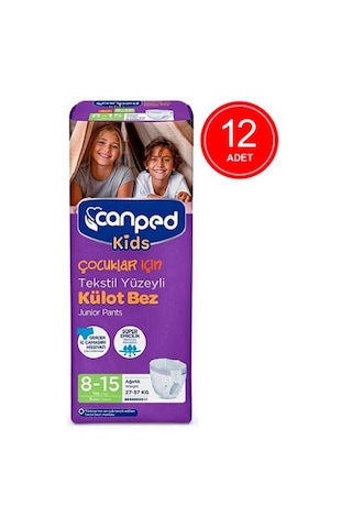 Canped Kids Çocuklar İçin Tekstil Yüzeyli Külot Bez 27-57 KG 8-15 Yaş 12 x 8 Adet