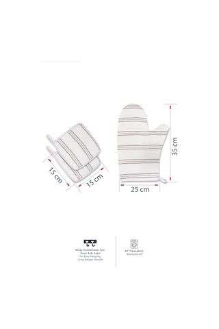 3'lü Fırın Eldiveni Ve Tencere Tutacak Mutfak Seti & 220 Derece Isıya Dayanıklıkrem Gri Çizgili