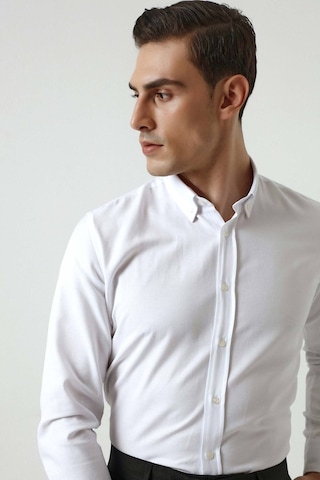 D's Damat Slim Fit Armürlü Düğmeli Yaka Pamuklu Erkek Gömlek - Beyaz 5HC02ORT07265 Beyaz