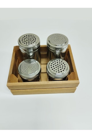 Tuzluk-pul Biber-kekik Serpici Paslanmaz Çelik+kayın Kasa 7x9 - 7x13 Cm Lüks 5'li Gümüş