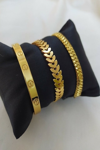 Kadın Gold Renk Kılçık Model Tırtıl Model Düz Model Kararmaz Çelik Kombin Bileklik Altın
