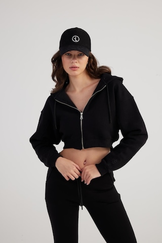 Holly Lolly Kadın Siyah Kapüşonlu Uzun Kol Fermuarlı Crop Mixed Sweat