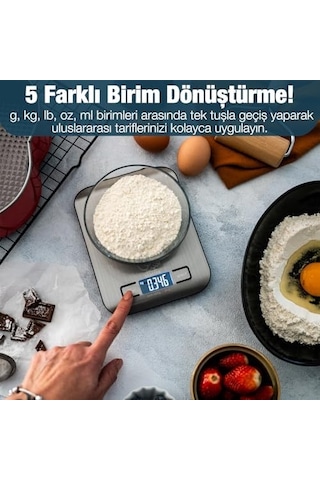 Dijital Mutfak Terazisi - Paslanmaz Çelik Yüzeyli Hassas Mutfak Tartısı - Dara İşlevi, Led Ekran, 5 Birim Dönüştürme Ve Otomatik Kapanma Özellikli - 5 Kg Tartı Kapasitesi Açık Bej 65563656
