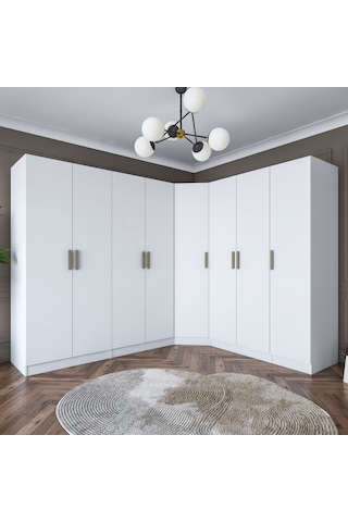 Rani Ba151 Geniş Köşe Gardırop Elbise Dolabı 8 Kapaklı 2 Çekmeceli 18 Raflı 4 Askılı Modüler Dolap Beyaz