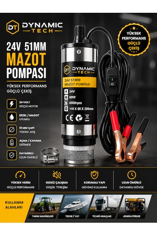 24 Volt Mazot Ve Su Zeytin Yağı Vs Sıvı Aktarma Pompası Dalgıç Pompa 60 Watt 51 Mm