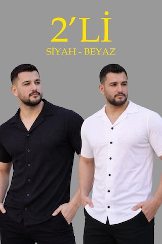 Novalisse Erkek Waffle Kumaş Açık Yakalı Düğmeli Regular Fit Gömlek 2 Li Set Siyah-beyaz Çoklu Renk