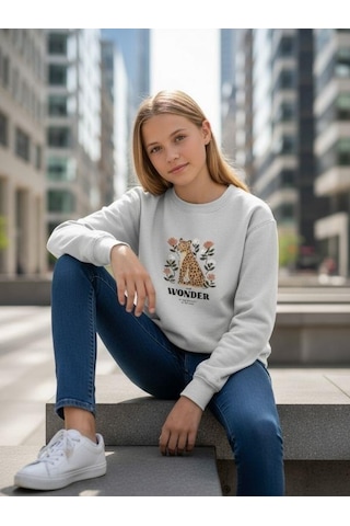 Kız Çocuk Leopar Desenli Sweatshirt-16344 Mavi