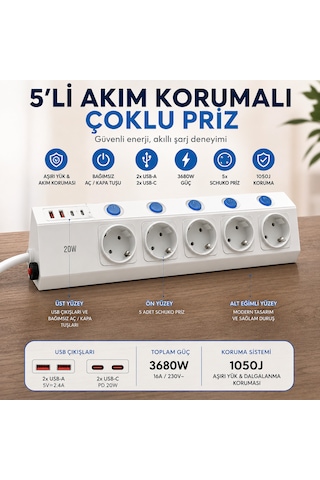5'li Akım Korumalı Çoklu Priz 2 Metre Kablolu 3680w 16a 5 Bağımsız Anahtarlı 2 Usb-a 2 Usb-c Pd 20w Hızlı Şarj Destekli 2 m