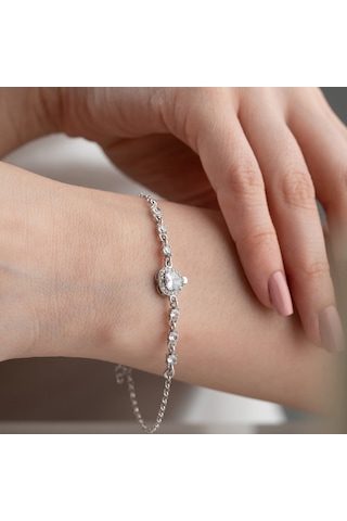 925 Ayar Gümüş Kalpli Sıra Taş Gümüş Bileklik Gümüş