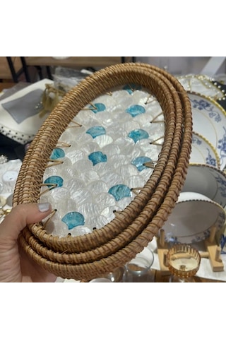 Turkuaz Yaprak Mozaik Desenli Oval Hasır Kenarlı Tepsi
