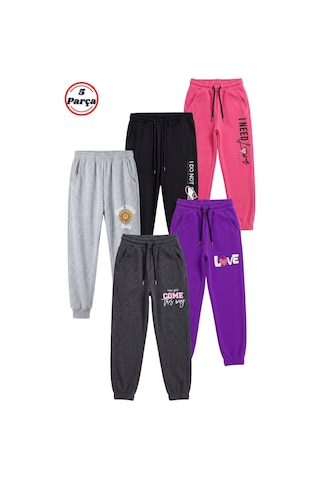 Fyk Kids 5'li Baskı Detaylı Paçası Lastikli Jogger Kız Çocuk Eşofman Altı Fuşya - Siyah - Gri - Mor - Füme