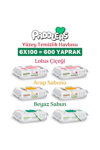Paddlers Easy Clean Lotus Çiçeği Arap Sabunu ve Beyaz Sabun Katkılı Yüzey Temizlik Havlusu 6x100 (600 Yaprak)