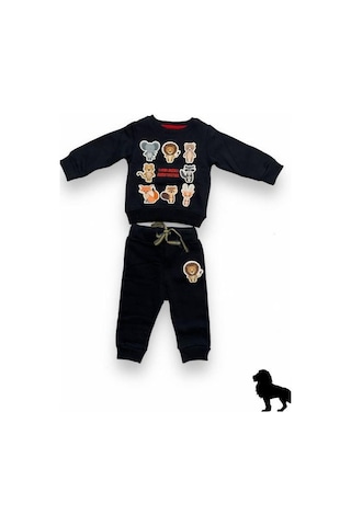 Erkek Bebek Hayvan Desenli Şardonlu Eşofman Takımı-14638 Lacivert