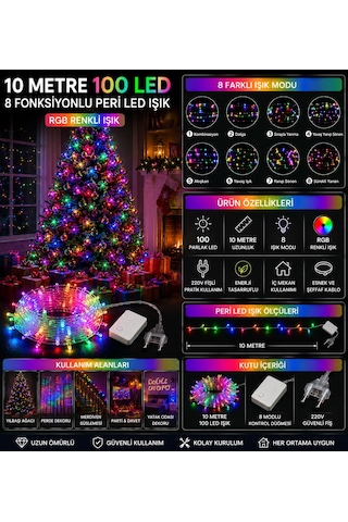 Rgb Renkli Peri Led Işık 8 Fonksiyon 10 Metre 100 Ledli Dekoratif Yılbaşı Ağacı Parti Ev Oda Süsleme Diğer