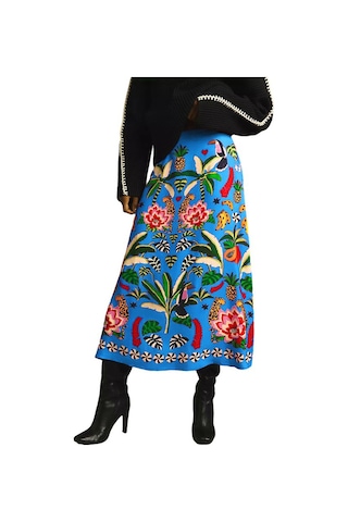 Günlük Moda Bitki Baskılı Retro Etek Kadın Mavi