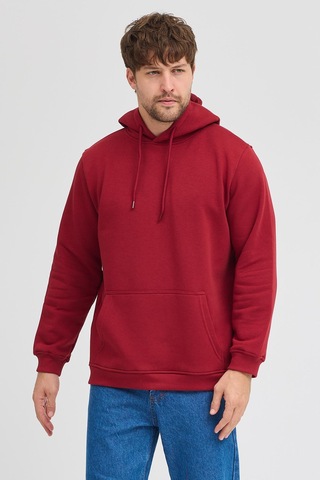 Erkek Bordo Standart Fit Normal Kesim Içi Polarlı 3 Iplik Kapüşonlu Pamuklu Sweatshirt Bordo