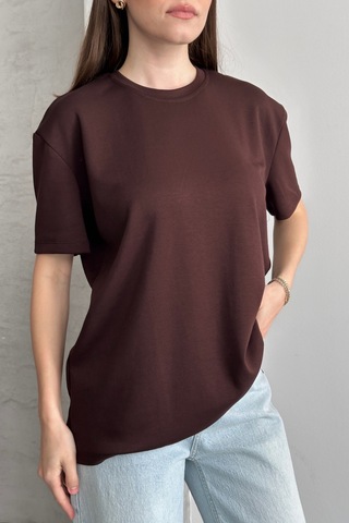Balenbi Kadın Modal Bisiklet Yaka Basic Yarım Kollu T-shirt 1211 Kahverengi