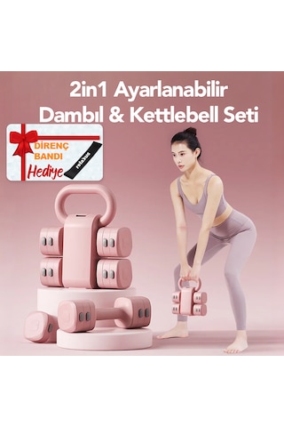 Ayarlanabilir Modüler Kettlebell Ve Dambıl Seti 5 Kg Ev Fitness Ve Güç Antrenman + Pembe Renk Direnç Bandı