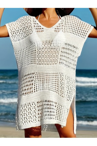 Şık Beyaz V Yaka Örme Plaj Elbisesi Oymalı Beyaz