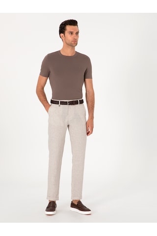 Cacharel Bej Carrot Fit Ekose %100 Keten Spor Pantolon