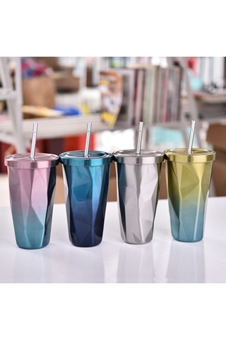 Gajeena Stahl Çift Katlı Isı Saklama Bardak, İki Renkli Desen, Pipetli, 500ml Kapasite, Gümüş Sarı Mavi Mor Turuncu Siyah Seçenekleri