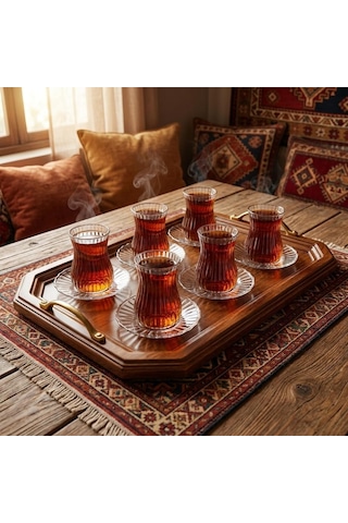 Lexroo 12 Parça Çay Seti - 6 Adet Fitil Desenli Cam Çay Bardağı V