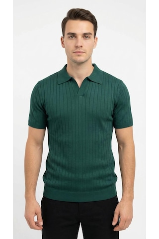 Erkek Polo Yaka Slim Fit Triko Tişört Dikey Çizgili Modern Yazlık Triko Yeşil