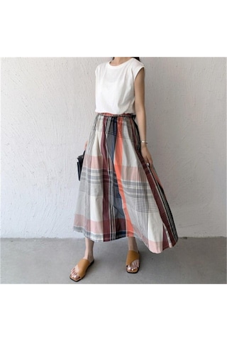 Qooth Kadınlar Rahat 8 Renk Büyük Ekose A-line Etek Tembel Elastik Bel Büyük Salıncak Uzun Etek Bahar Yaz Qt2055 Kırmızı