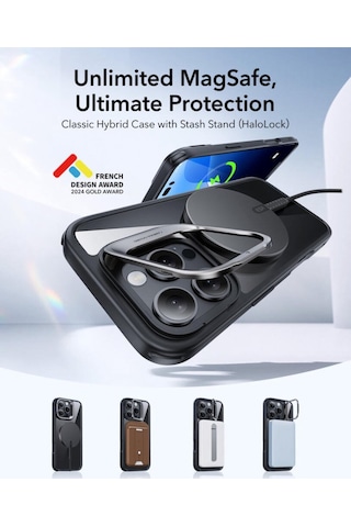 Esr Apple Uyumlu iPhone 16 Pro Max Halolock Mag Safe Classic Hybrid Standı Silikon Kılıf Şeffaf Siyah