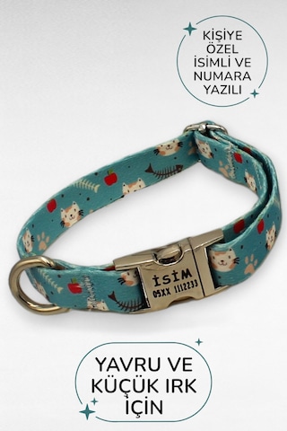 Caramelos İsimli Köpek Tasması, Yavru Köpek Tasması, Küçük Irk Köpek Tasması, Metal Kilit, 1,5 Cm Açık Mavi