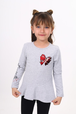 Toontoy Kids Toontoy Kız Çocuk Göğsü Pullu Fiyonklu Nakışlı T-shirt Gri Melanj