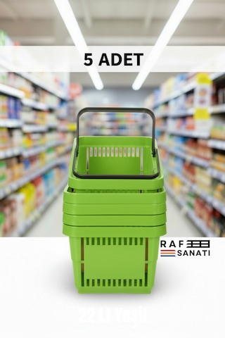 5 Adet / 22 Litre Plastik Market Alışveriş Sepeti Profesyonel Market Mağaza El Sepeti Yeşil