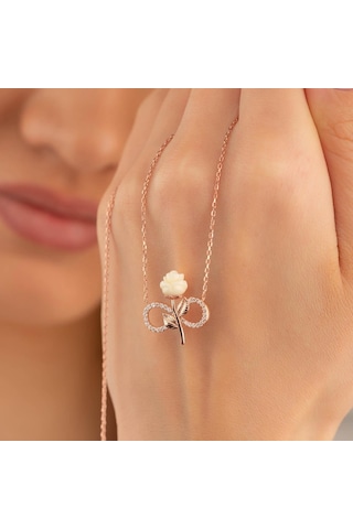 Gümüş Pazarım Beyaz Gül Sonsuzluk Gümüş Kolye